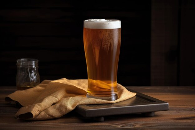 Pint of draught beer on wooden table with napkin created with generative ai