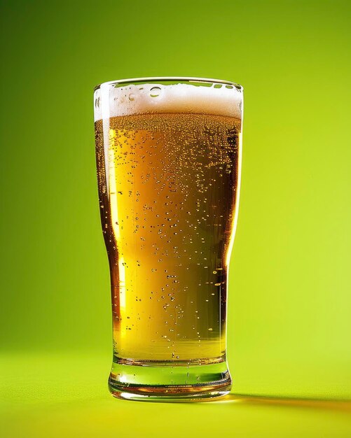 Pint glass of beer on lime green background