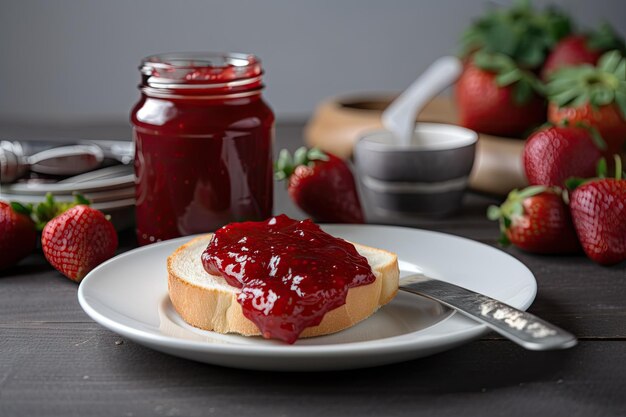 Pint of homemade strawberry jam on white plate created with generative ai