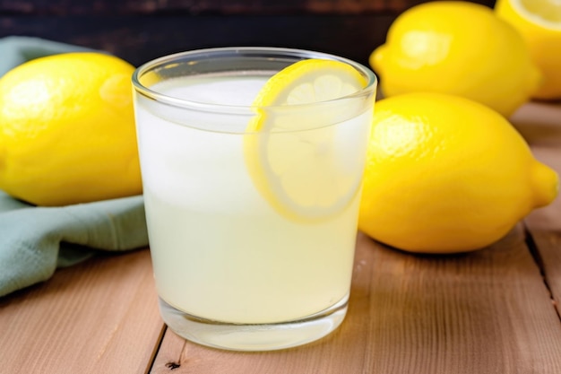 Pint of summer lemonade with slice of fresh lemon floating on top created with generative ai