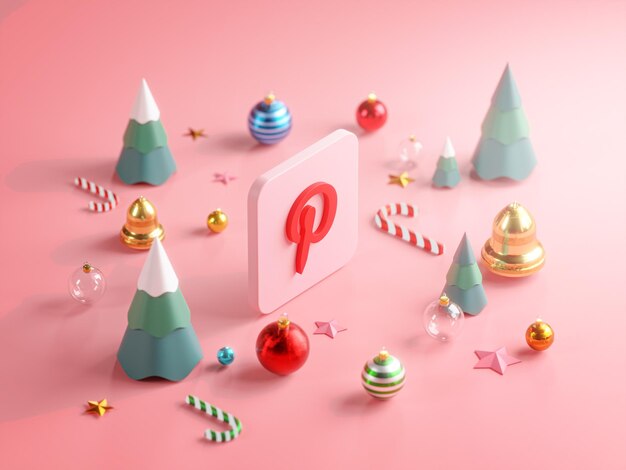 Pinterest のロゴ クリスマスかわいい飾りが床に横たわっていた ピンクの背景 3 D レンダリング