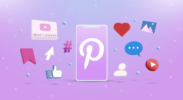 Pinterest logo icon on the phone with social network icons around 3d