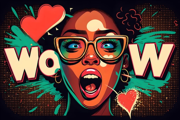 Photo pinup illustration shocked woman creative portrait surprised cartoon person with amazed look wow text heart art design on dark background