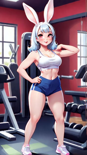 Маленький кролик PinUp в тренировочной одежде тренируется в спортзале