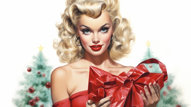 Pinup stijl blonde met kerstcadeau