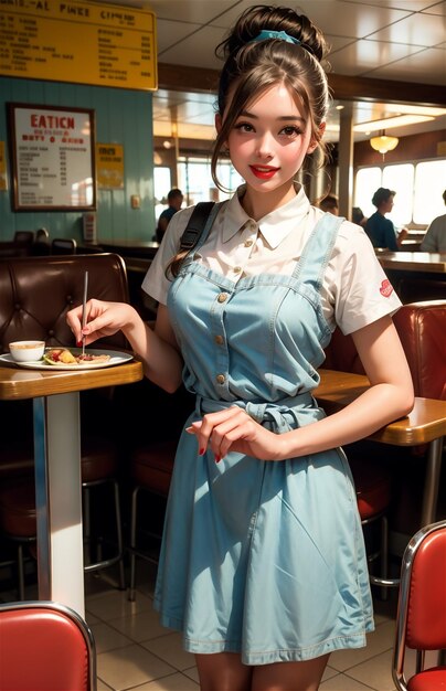 レトロカフェのピンアップウェイトレスの美しい女の子 1950 年代と 1940 年代のファッション 美しいピンアップ女の子 ワークイン