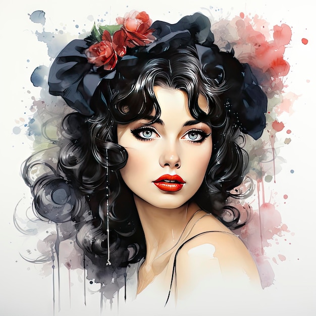 Pinup woman portrait in watercolors on white background