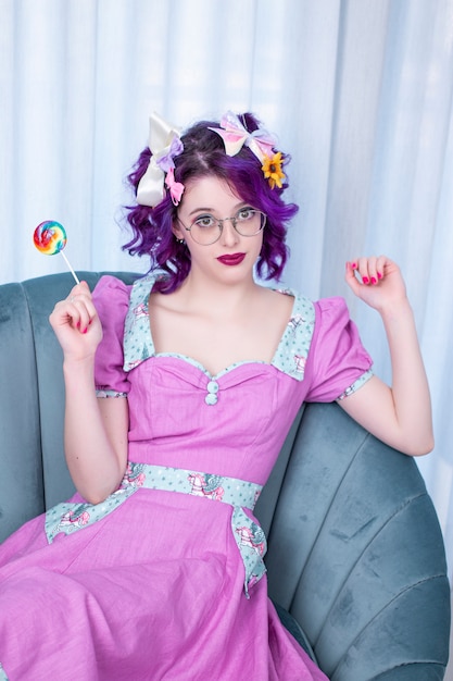 Pinup woman with colorful outfit.