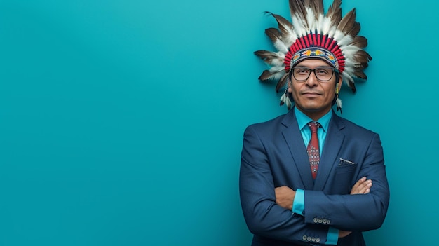 Pioneering Spirit Native American Businessman Isolated Against Solid Background with Copy Space