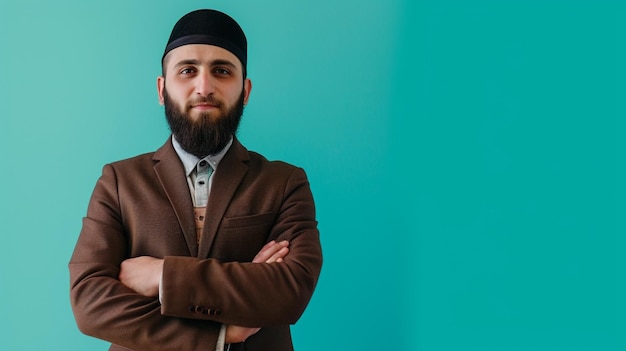 Пионерский бизнесмен в исламском Тобе изолирован на твёрдом фоне с копировальным пространством