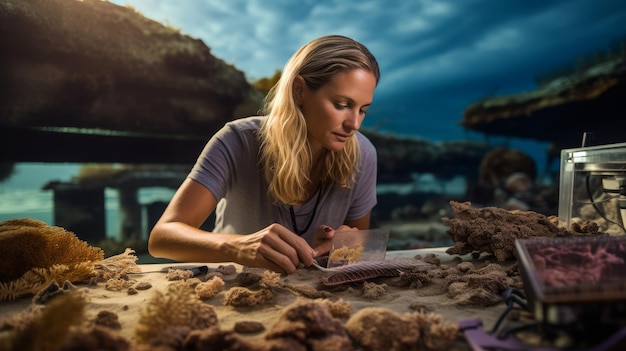 Foto donna pioniera nella conservazione degli oceani, biologa marina che ripristina gli ecosistemi delle barriere coralline