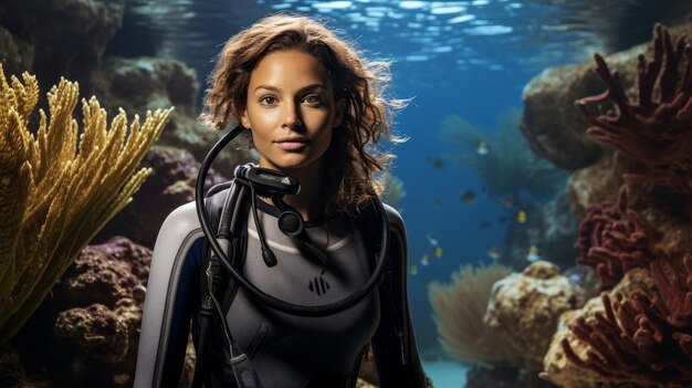 Foto pioniervrouw in oceaanbescherming vrouwelijke mariene bioloog die koraalrifecosystemen behoudt