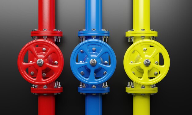 파이프 라인 및 밸브 검정 빨강 노랑 및 파랑 색상 산업 파이프라인 3d 렌더링