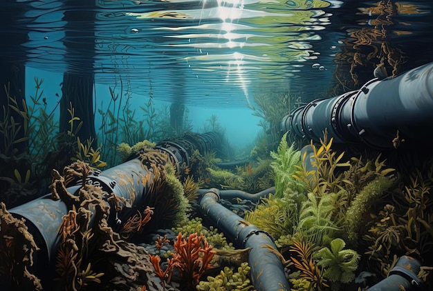 A pipe underwater under an ocean full of plants and bright sunlight in the style of hyperrealistic