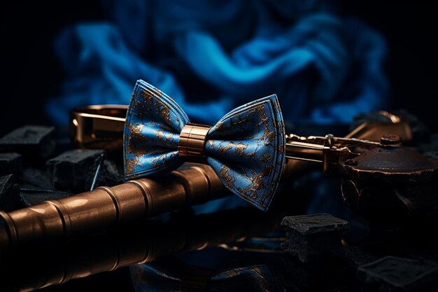 Photo pipe with bow tie on blue table