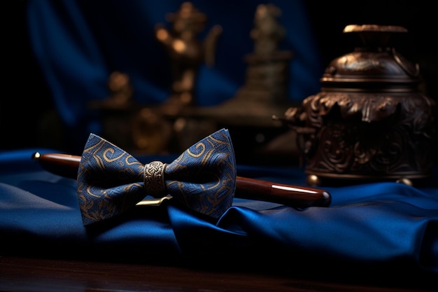 Photo pipe with bow tie on blue table