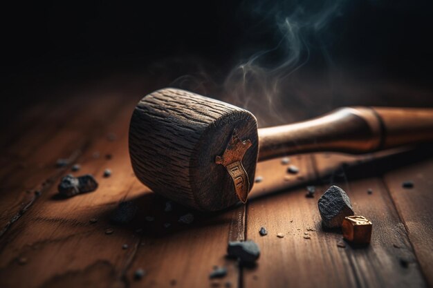 Photo a pipe with a cigar on it and a small piece of wood on the table.