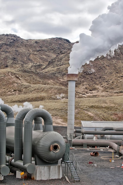 A pipeline in the heating geo thermal farm in Iceland