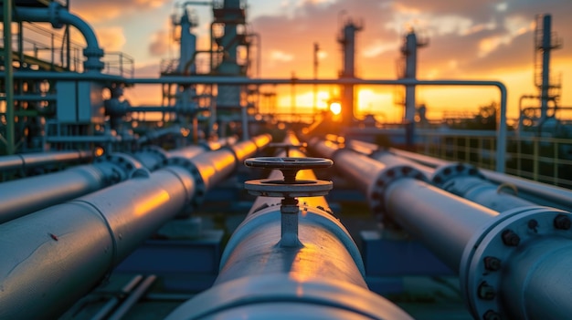 Pipeline of refinery plant and valve at sunset scenery of gas or oil pipes of petrochemical factory Perspective view of tube lines and sun Concept of industry power and crude