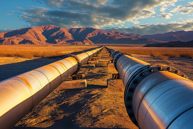 Photo a pipeline stretches through the barren desert with towering mountains providing a dramatic backdrop pipelines stretching into the horizon in a desert setting ai generated