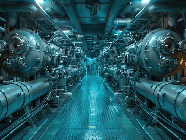 The pipelines and machinery inside the submarine