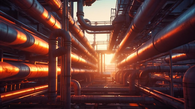 Pipelines and tubes in industrial complex at sunset