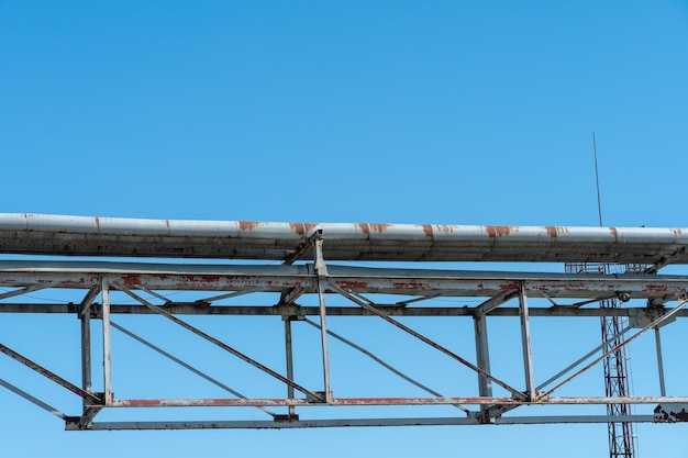 Pipes and other metal structures closeup Flue gas emissions and atmospheric air pollution Horizontal gas exhaust pipes on the territory of the factory