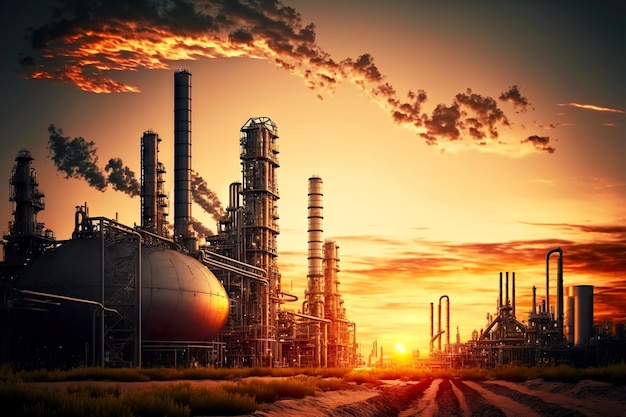 Pipes and towers of factory of energy industry against backdrop of setting sun