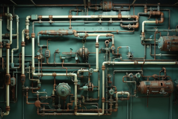 Pipes and Valves on a Green Wall