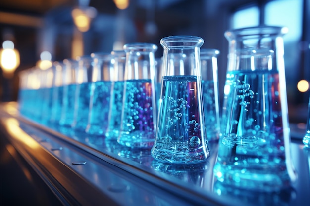 Пипетка дозирует синее химическое вещество в пустые стеклянные пробирки для научных исследований