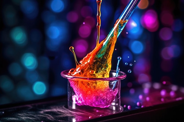 Foto pipetta che getta liquido in un tubo di prova con colore vibrante creato con ai generativo