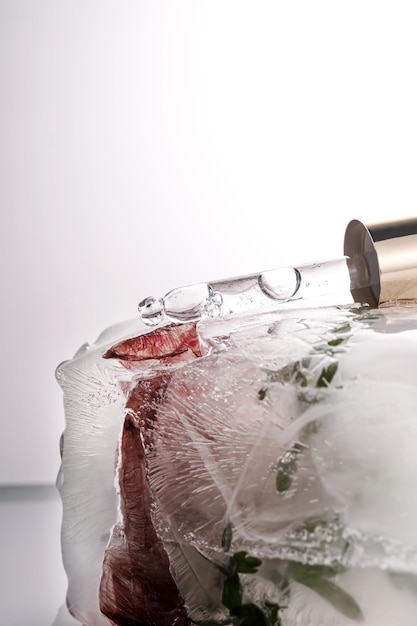 Photo pipette on a large piece of ice with frozen flowers