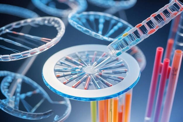 Pipette on multi well plate over dna research data