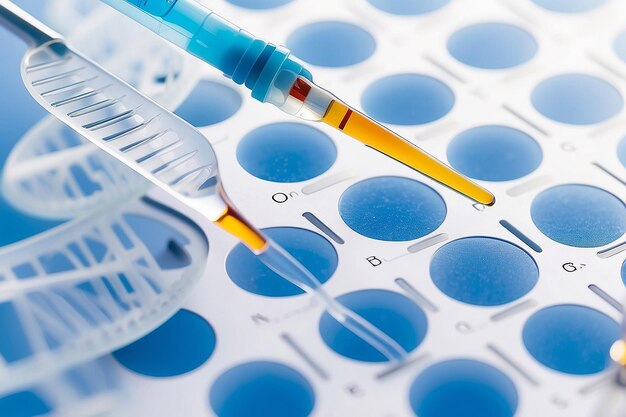 Pipette on multi well plate over dna research data