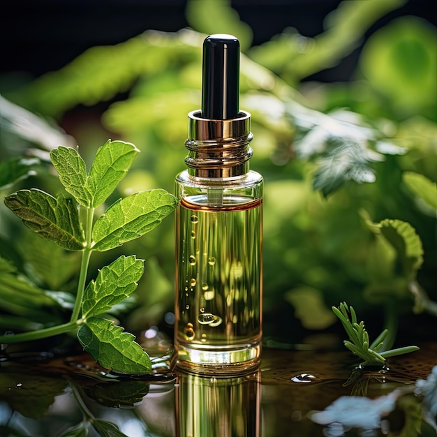 Pipette with essential liquid serum or oil On a green leaves background with water drops