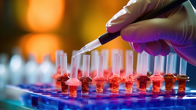 Pipetting sample into multi well plate for analysis in a laboratory Generative AI