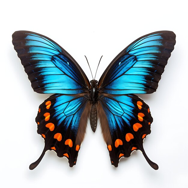 Pipevine swallowtail butterfly iridescent blue hind on white background beauty top view shoot