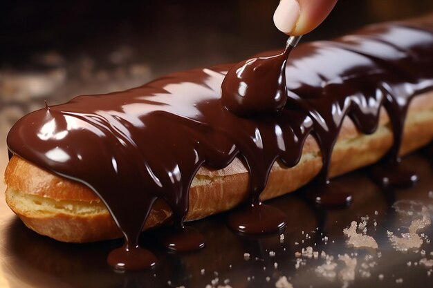 Photo piping chocolate ganache onto eclairs