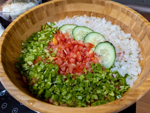 Pipirrana, typical Malaga salad, Malaga Spain, is a salad whose basic ingredients are onion, tomato, green pepper and cucumber