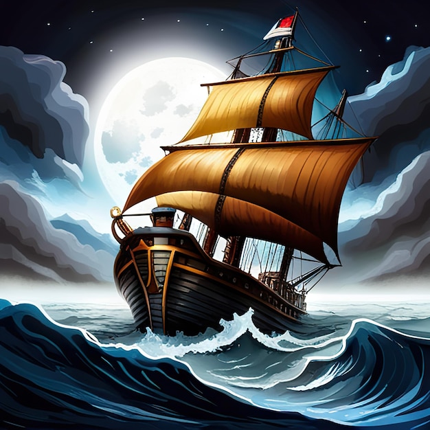 Piraat in een schip dat in een donkere zeehemel vaart, is donkerblauw en er komen wolken en onweersbuien binnen