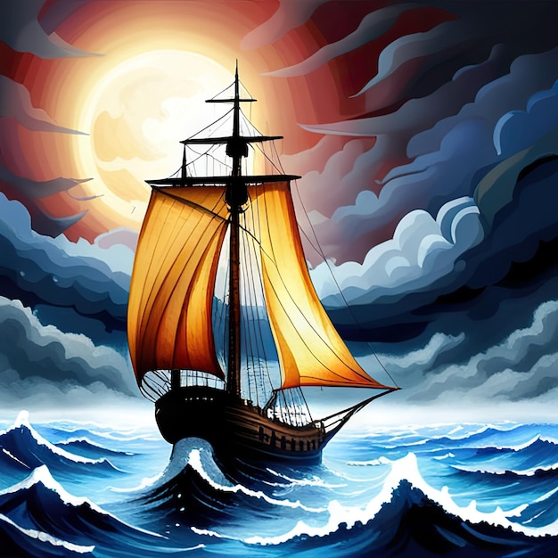 Piraat in een schip dat in een donkere zeehemel vaart, is donkerblauw en er komen wolken en onweersbuien binnen