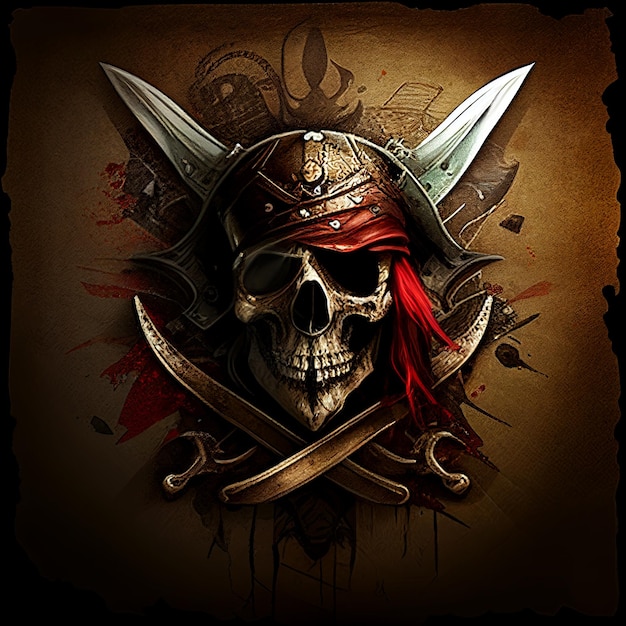 piraatschedel met twee zwaarden en een bandana op een grungy generatieve ai als achtergrond