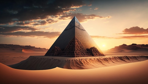 piramide in de woestijn bij zonsondergang