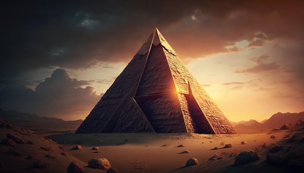 piramide in de woestijn bij zonsondergang