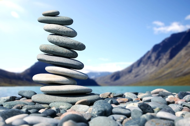 Piramide van gladde stenen op de achtergrond van een bergmeer natuurlijke balans van het leven