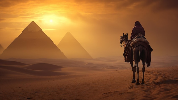 Piramides met een man op een paard en de piramides op de achtergrond