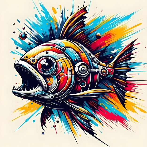 Piranha in steampunk style with bright brushstrokes on white canvas