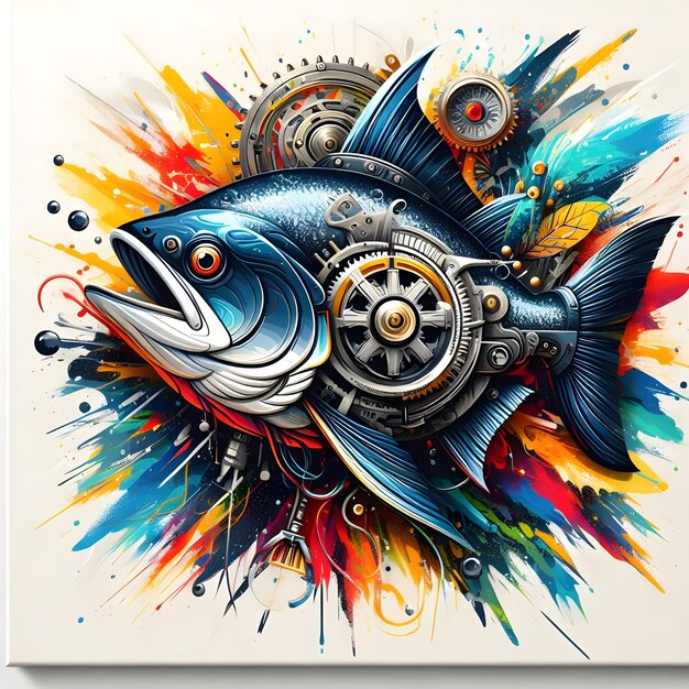 Piranha in steampunk style with bright brushstrokes on white canvas