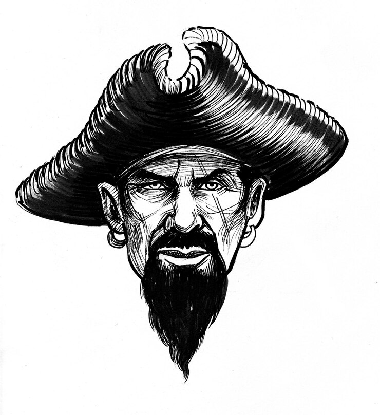 Cute Cartoon Pirate Captain with Swords Line Art Illustration Stock