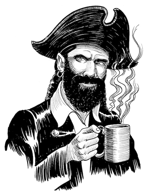 Pirate captain drinking a mug of coffee Ink black and white drawing